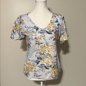 LC Lauren Conrad Floral V-Neck Top - Yellow and Blue